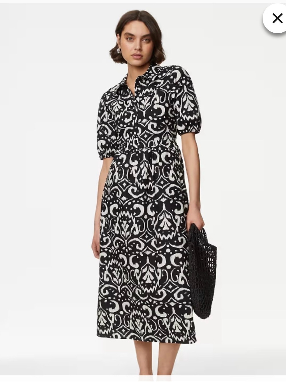 Black and White Printed Midi Shirt Dress with Puff Sleeves NWT US Size 10